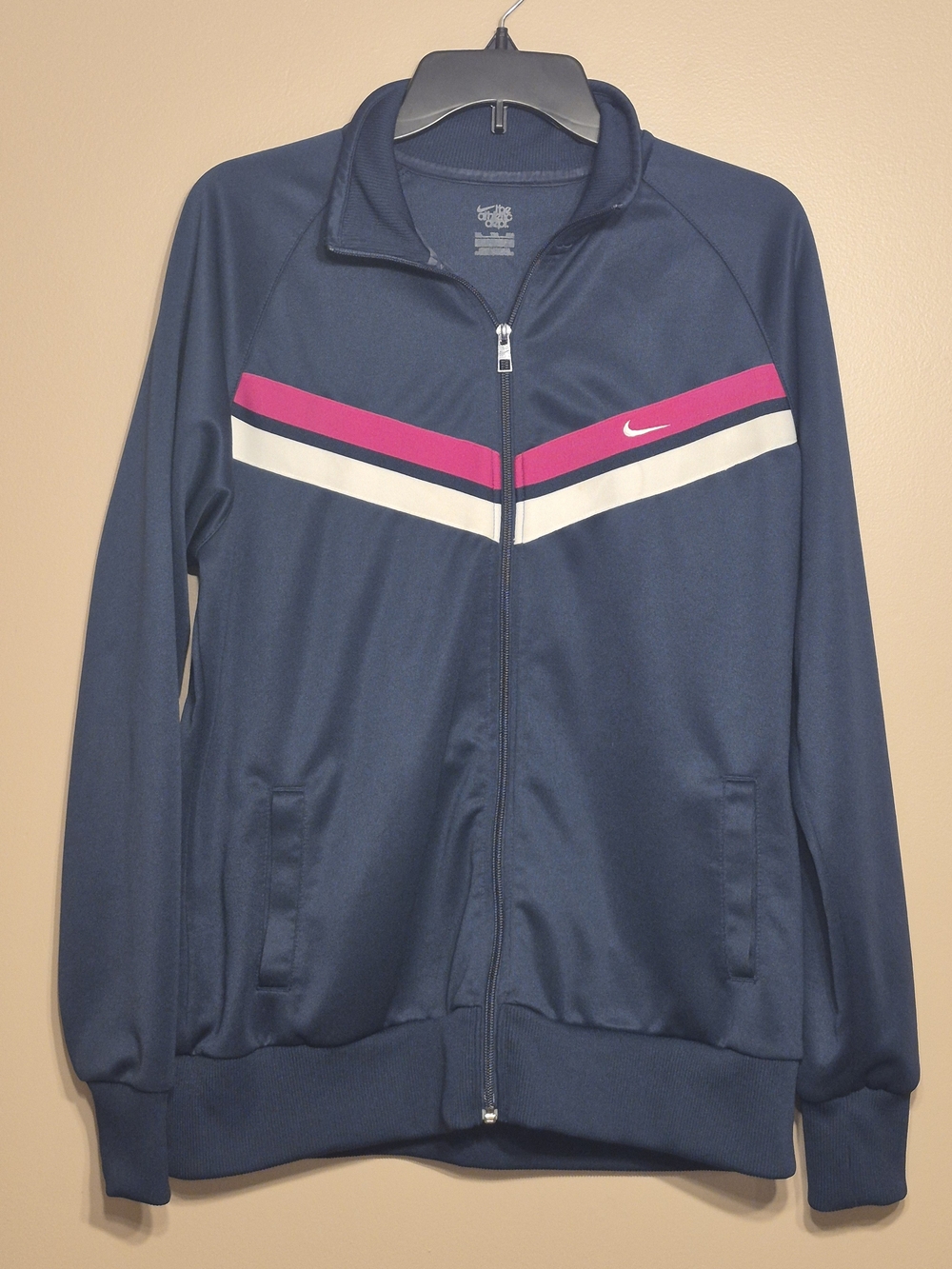 Nike Women's Navy Track Jacket with Pink & White Stripes